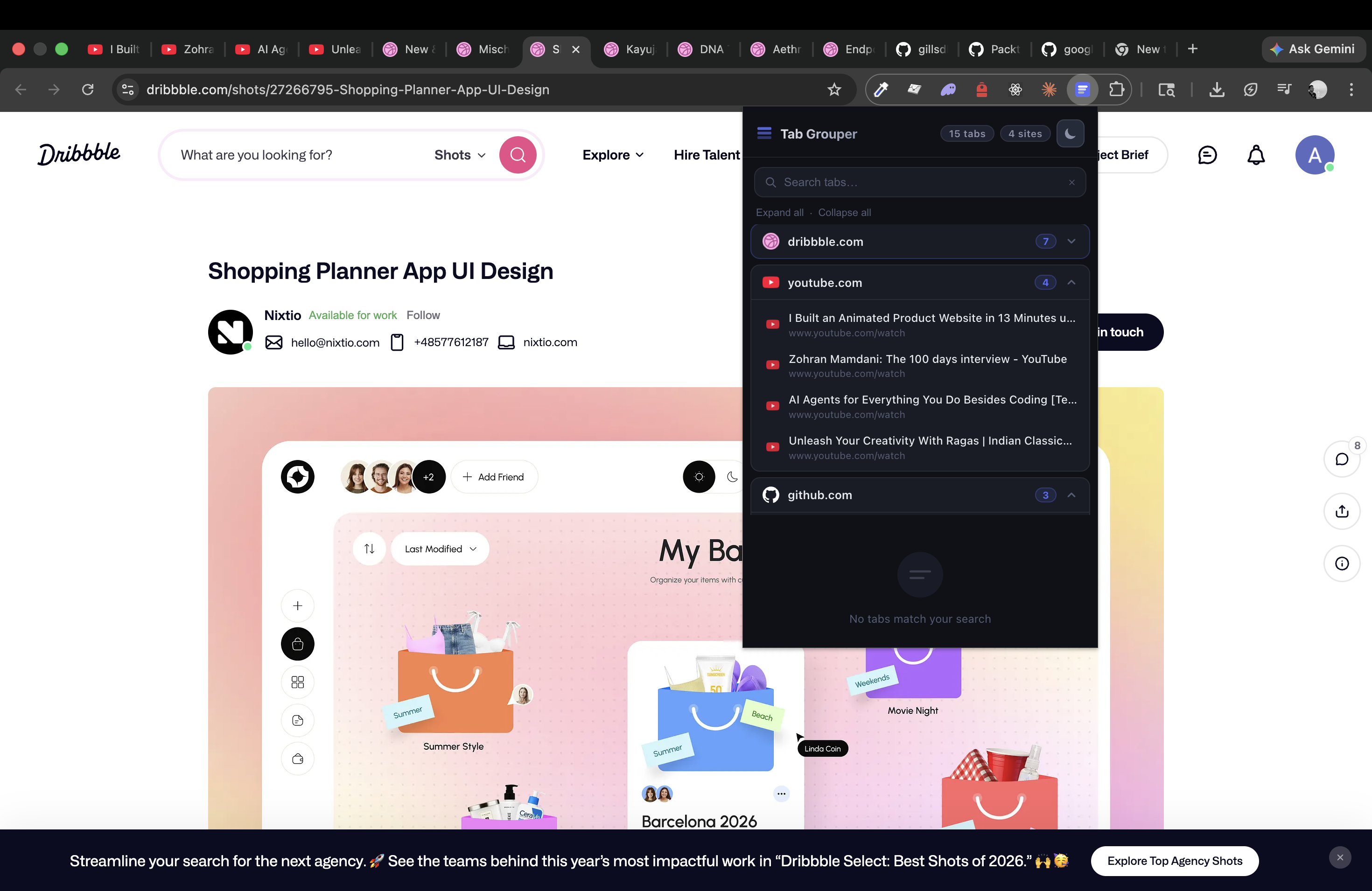 Tab Grouper showing grouped tabs in dark mode
